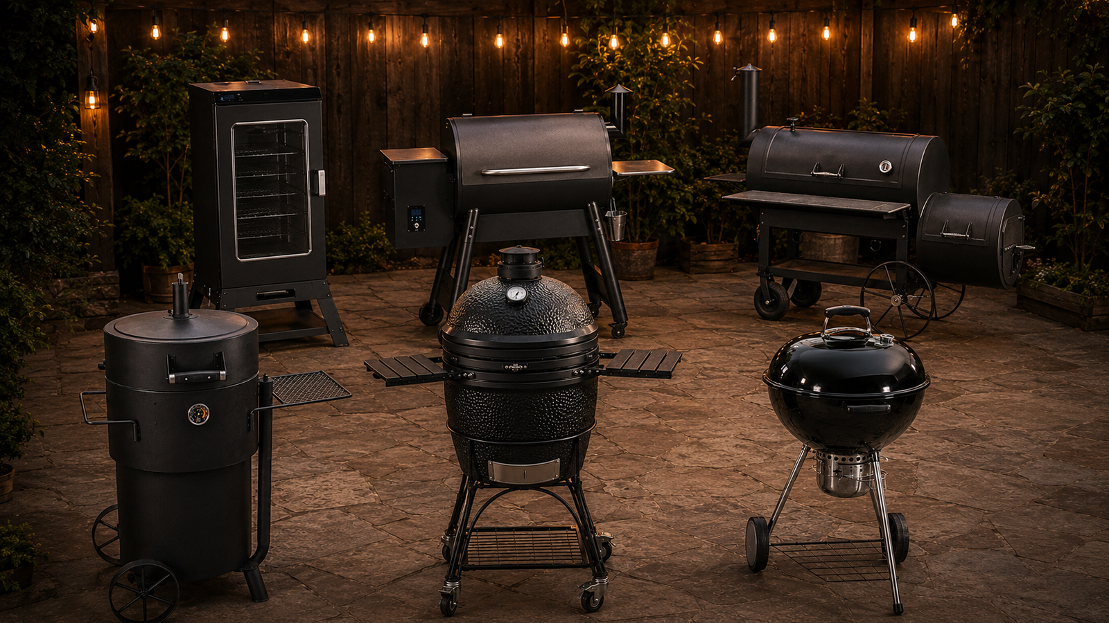 Pellet grill, offset smoker, drum smoker, kamado grill, kettle grill, and electric smoker displayed together