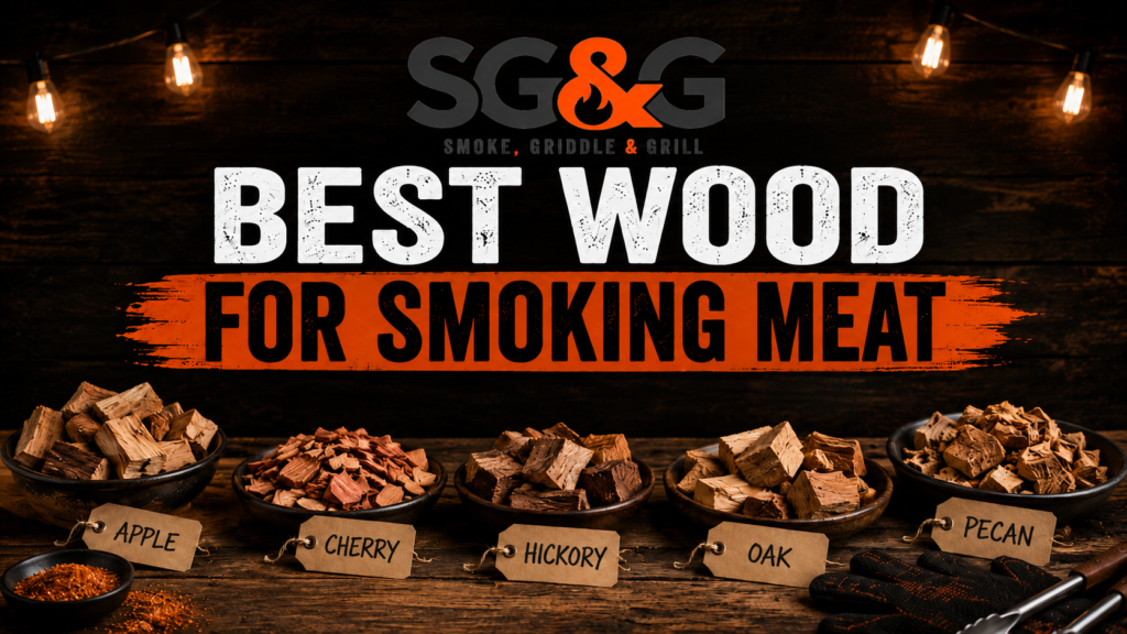 best wood for smoking meat with wood chunks and BBQ tools