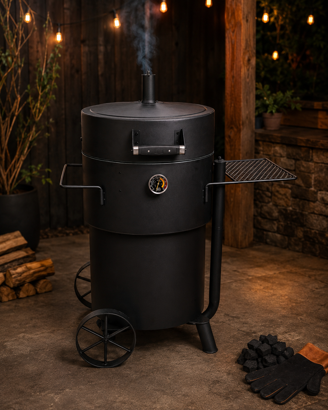 Black vertical drum smoker operating on a rustic backyard patio under warm string lights