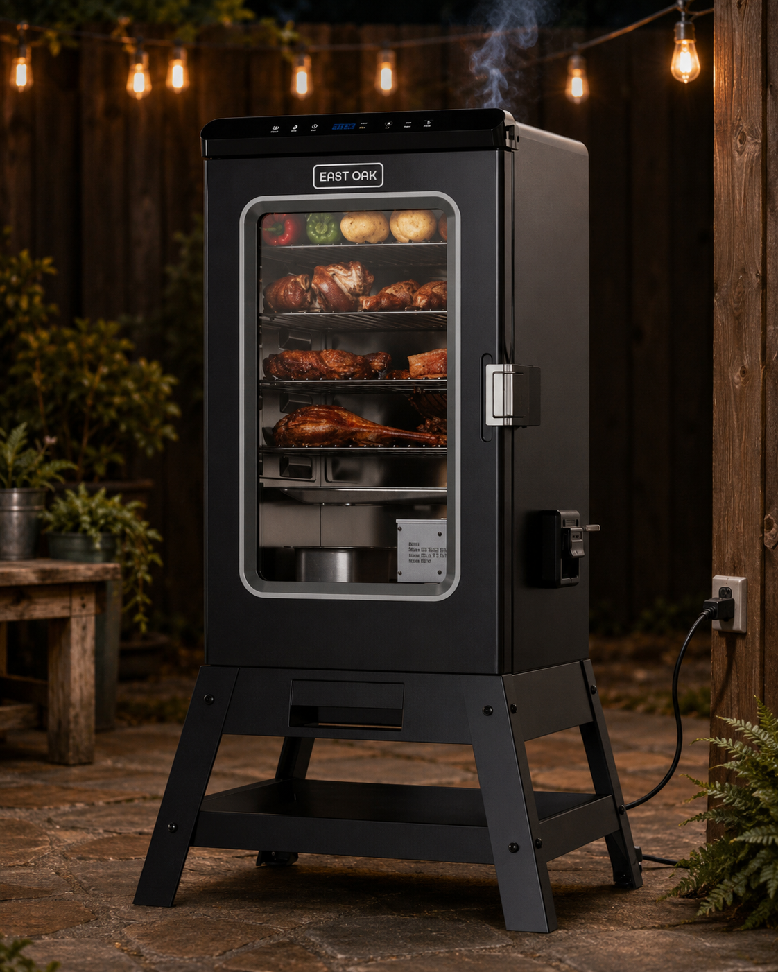 Black digital electric cabinet smoker operating on a rustic backyard patio beneath warm string lights