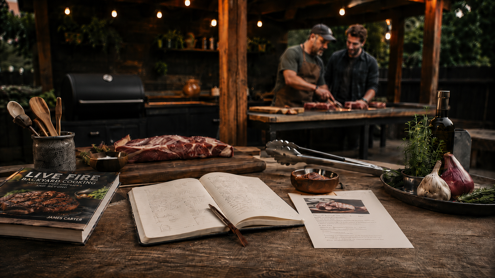 Backyard BBQ teaching scene with cookbooks, notes, tools, and hands-on instruction