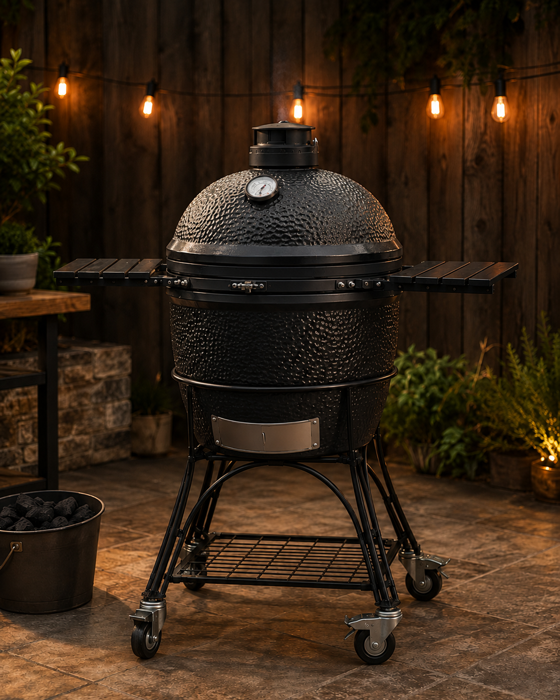 Dark ceramic kamado smoker in a wheeled cart on a rustic backyard patio under warm string lights