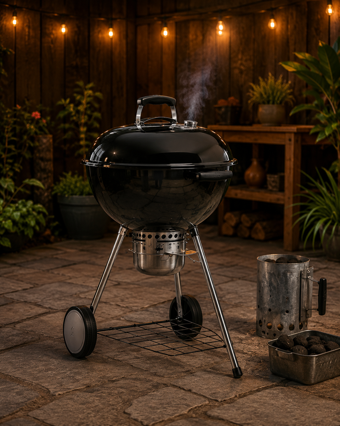 Classic black charcoal kettle grill smoking on a rustic backyard patio beneath warm string lights