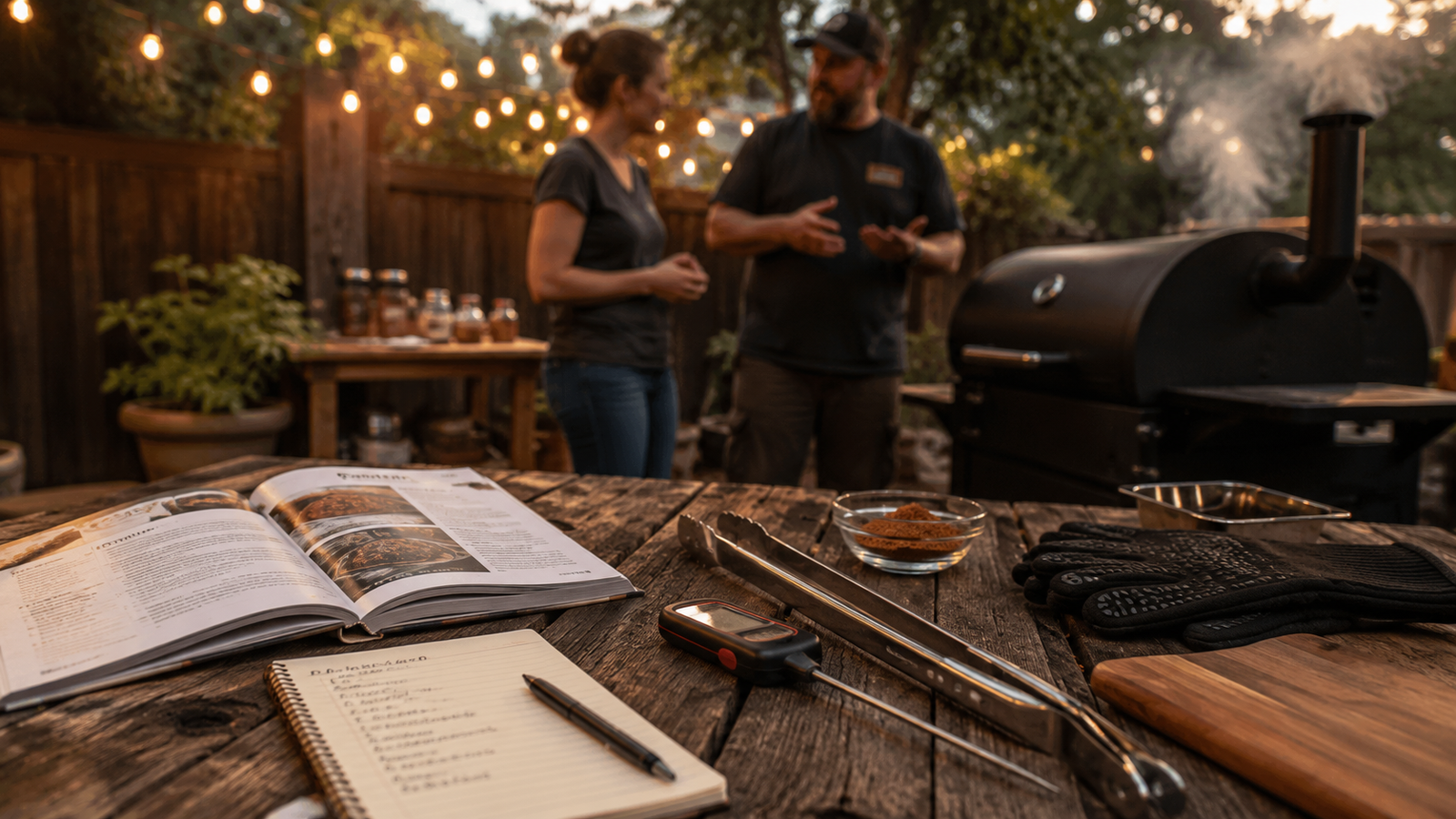 An experienced backyard cook teaching a beginner how to barbecue