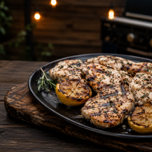 Grilled lemon garlic chicken recipe promo card featuring rosemary chicken cutlets, charred lemon, and cooking details.