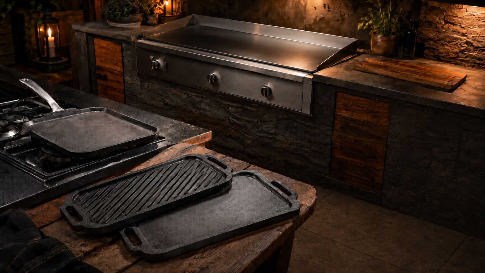 Built-in outdoor griddle, stovetop griddle pan, and reversible cast-iron griddle options