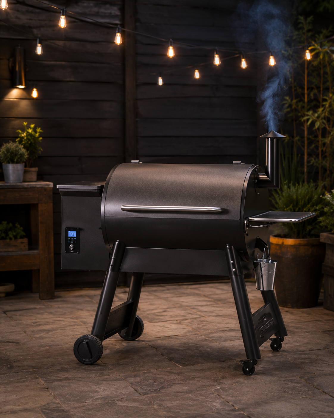 Pellet grill operating in a backyard cooking area