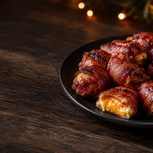 Sticky BBQ bacon-wrapped cheese bites with crispy glazed bacon and melted Colby Jack cheese on a dark plate.