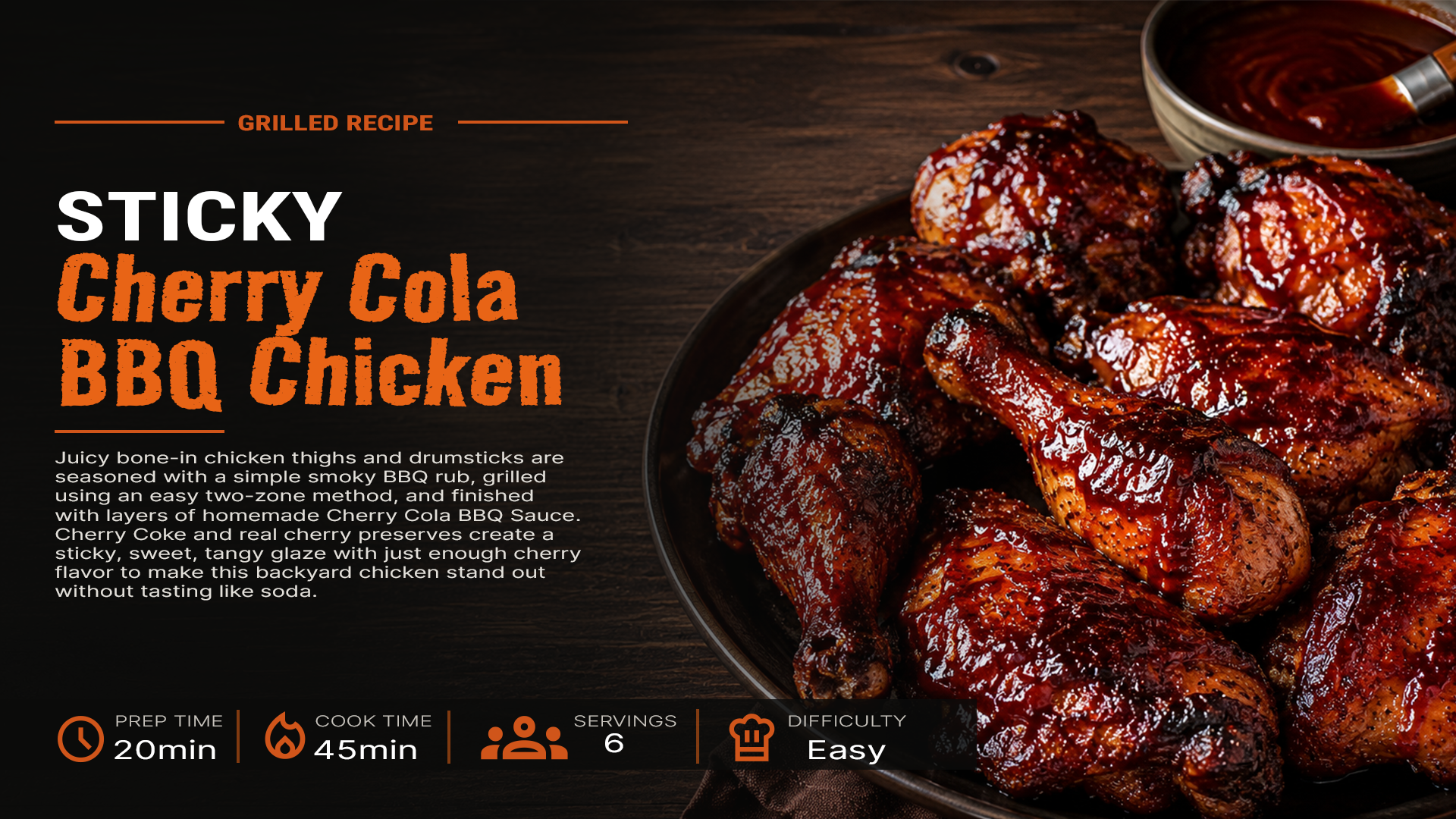 Sticky cherry cola BBQ chicken thighs and drumsticks with a glossy caramelized glaze
