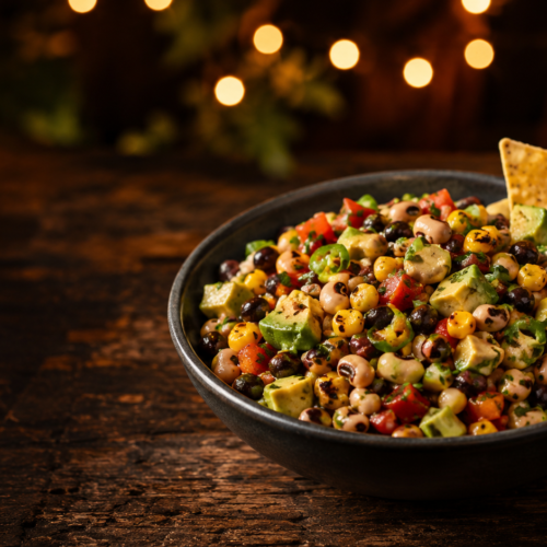 Charred corn cowboy caviar with black beans and peppers