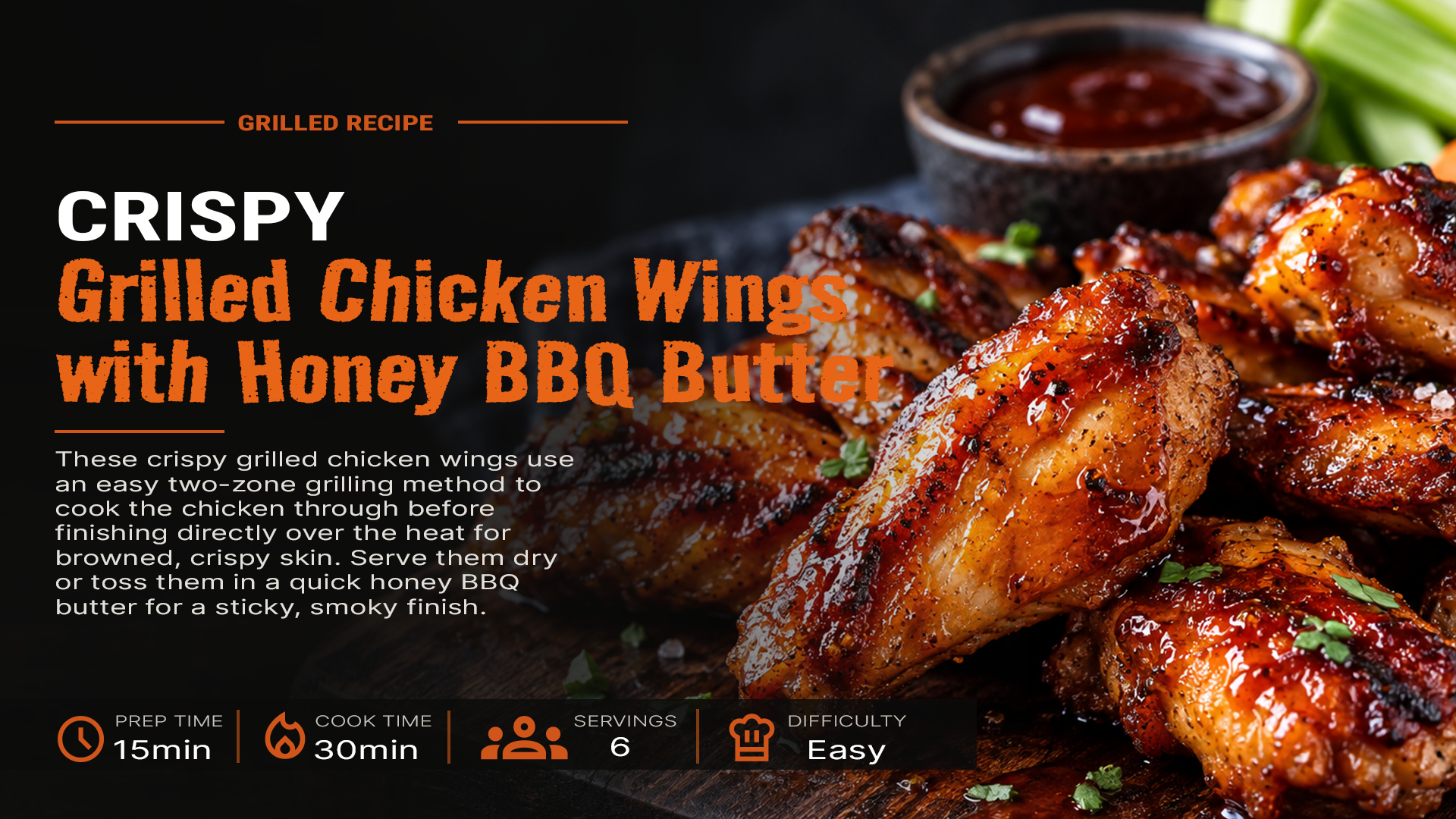 Crispy grilled chicken wings with honey BBQ butter