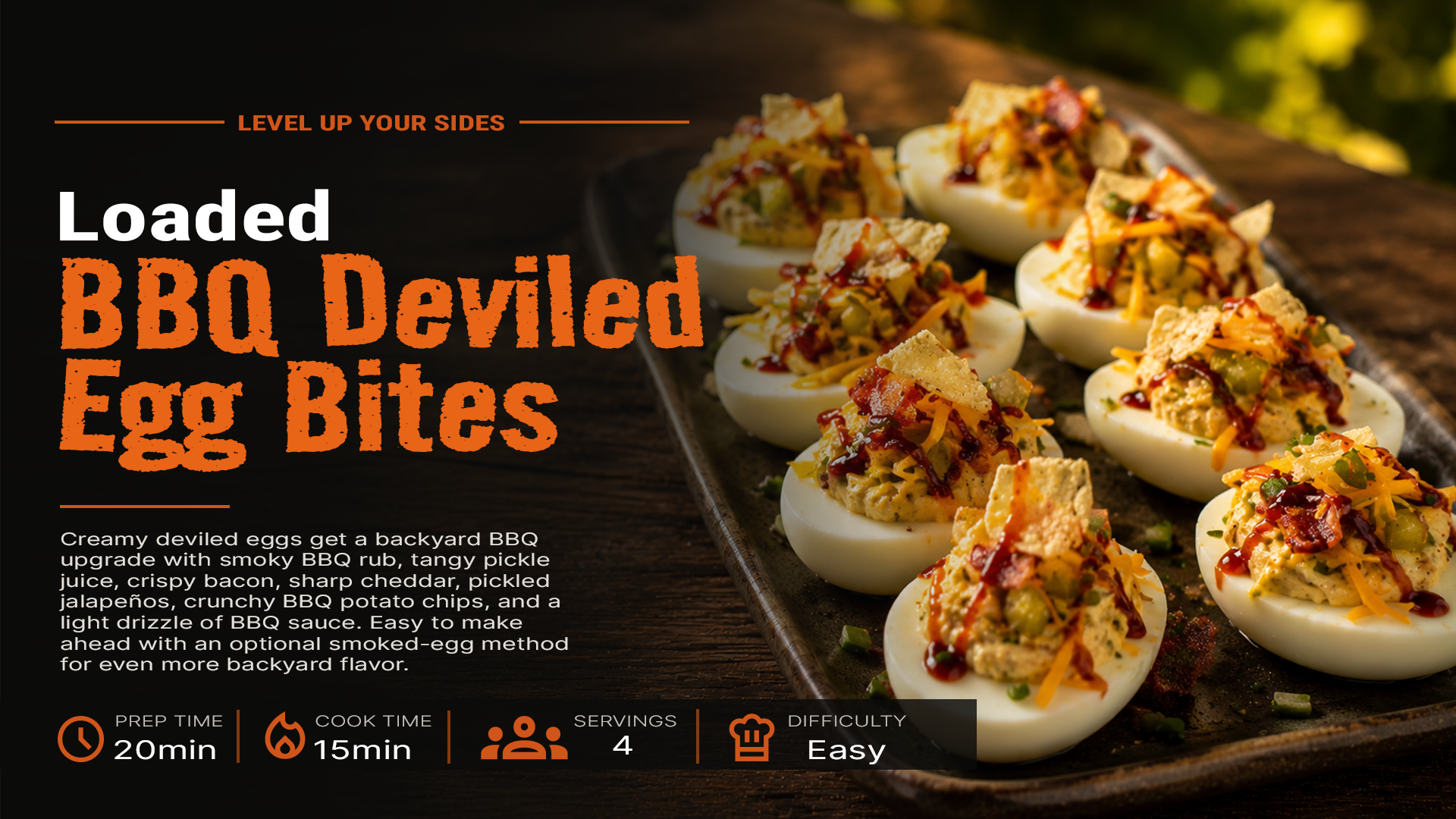 Loaded BBQ deviled egg bites topped with bacon, cheddar, pickled jalapeños, BBQ potato chips and chives