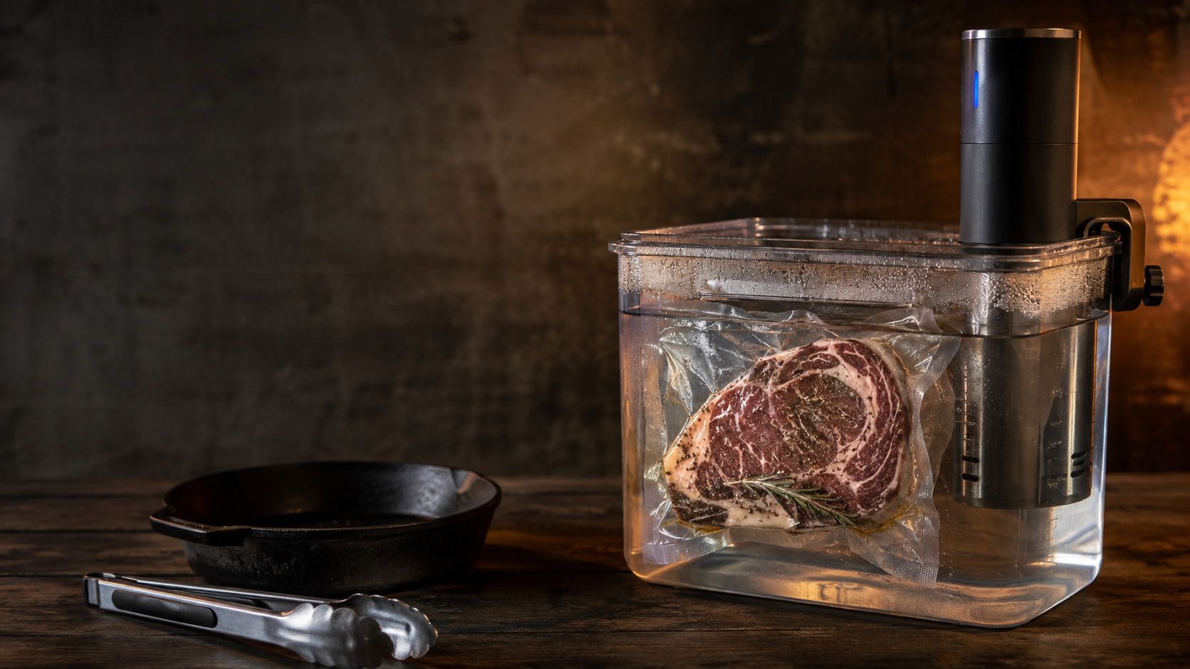 Sous vide ribeye steak cooking in a water bath with an immersion circulator, cast iron skillet and tongs nearby