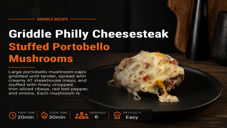 Philly cheesesteak stuffed portobello mushroom topped with melted cheese and peppers on a black plate over a rustic wood table.
