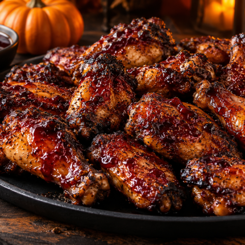 Smoked Halloween chicken wings with blackberry chipotle glaze on a dark serving platter.